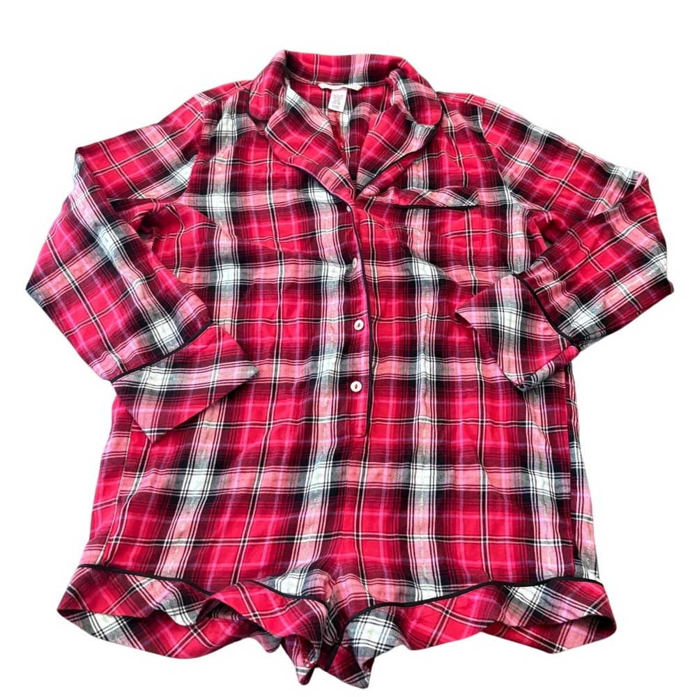 Victoria's Secret Red Plaid Flannel Pajama Romper Small Button Front Sleepwear